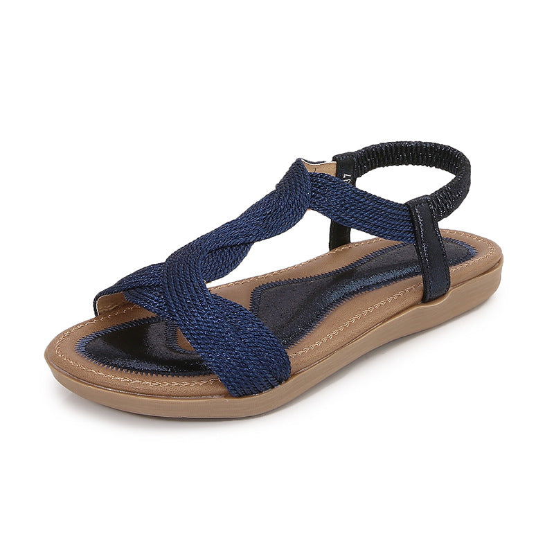 Sarah Express Elastic Strap Round Toe Casual Sandals Navy Blue