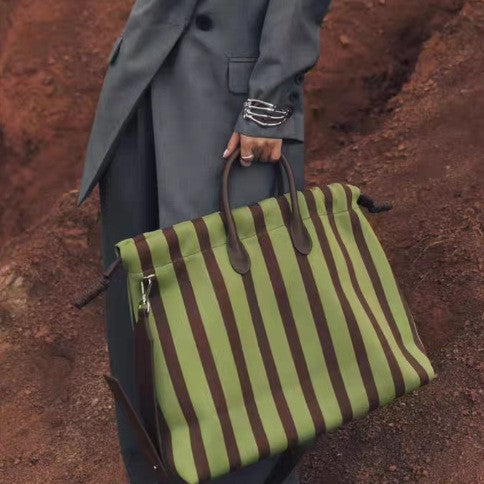 Sarah Express Large Capacity Striped Cowhide Leather Tote