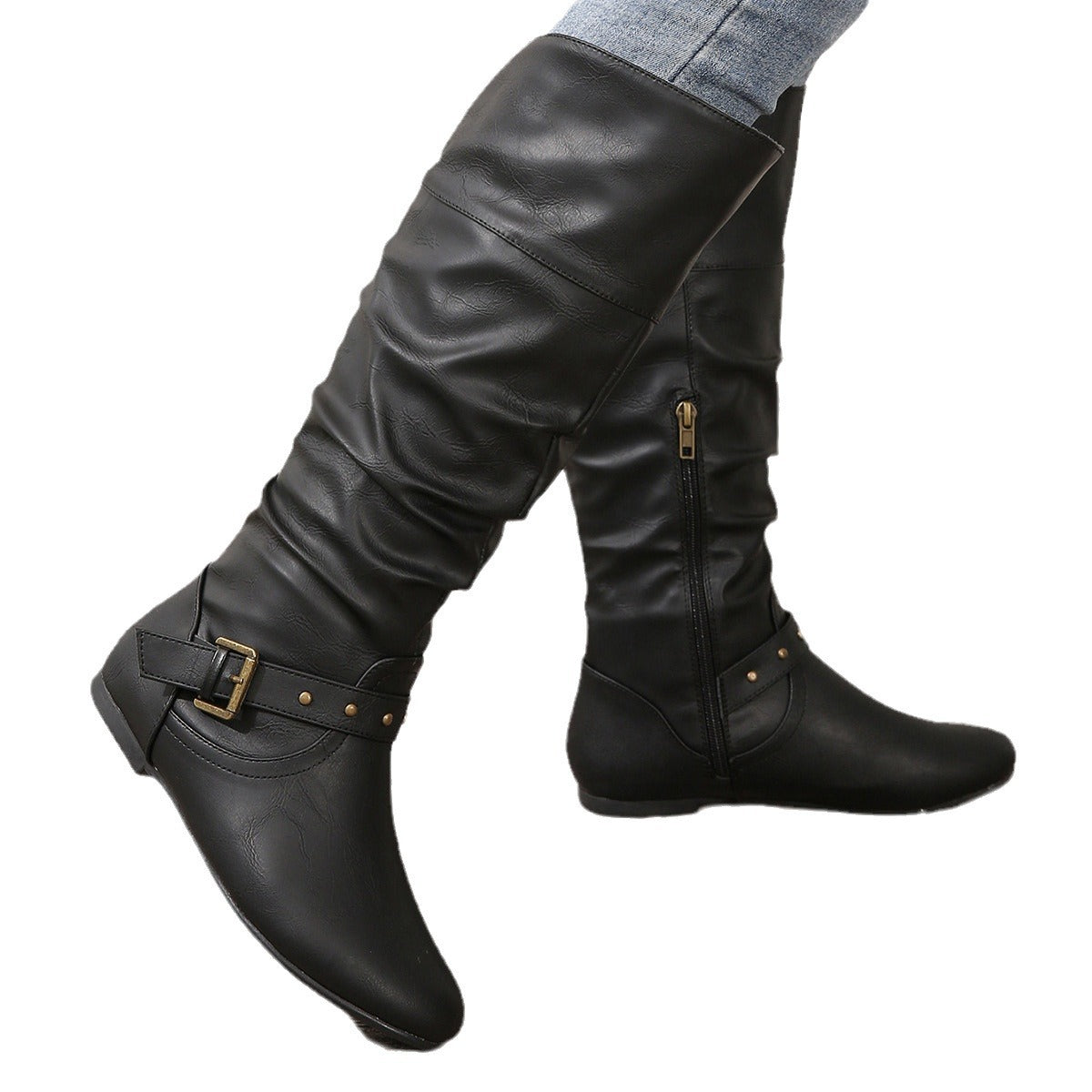 Sarah Express Women's Retro Belt-Buckle Chunky Heel Boots
