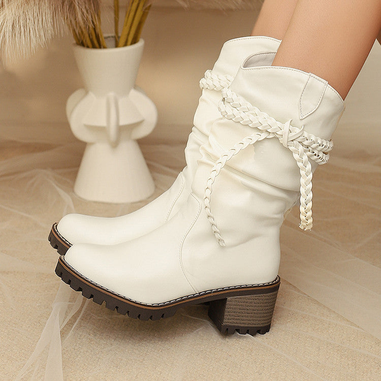 Sarah Express Knitted Strap Mid-Calf Chunky Heel Boots
