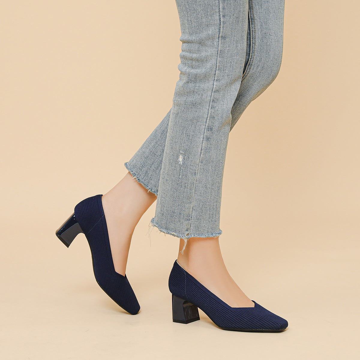 Sarah Express Square Toe Chunky Heel Flyknit Pumps
