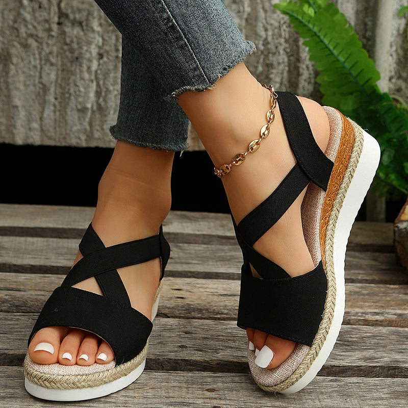 Sarah Express Cross-Strap Platform Wedge Gladiator Sandals Black