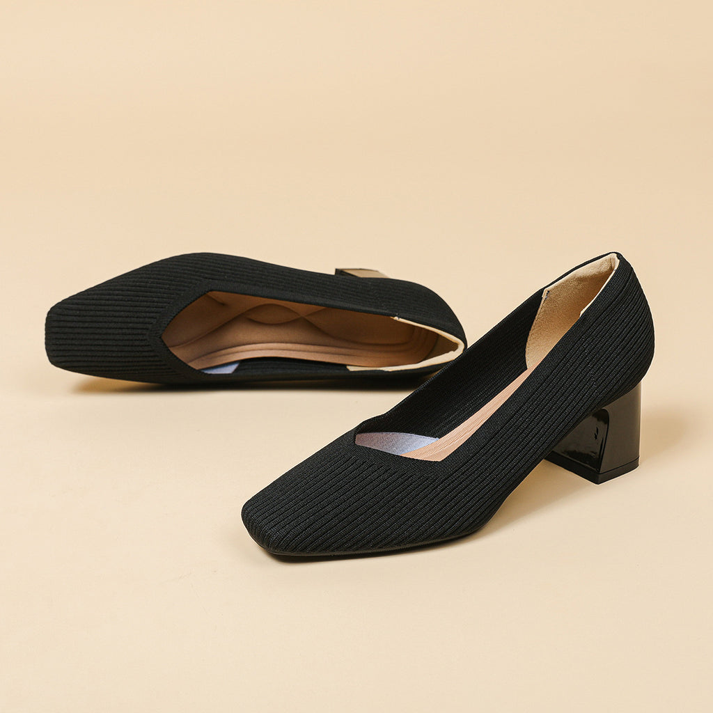 Sarah Express Square Toe Chunky Heel Flyknit Pumps