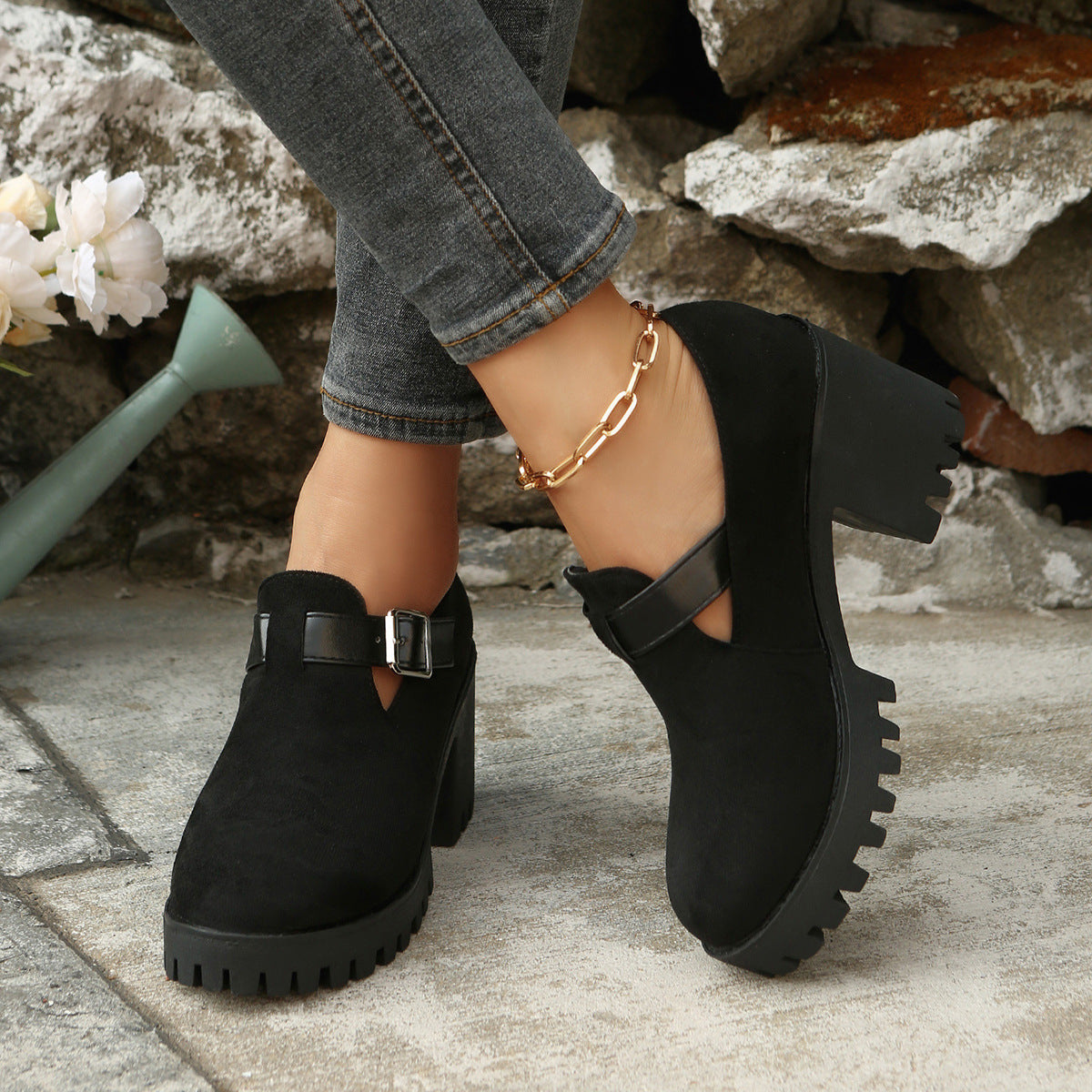 Sarah Express Chunky Suede Block Heel Pumps