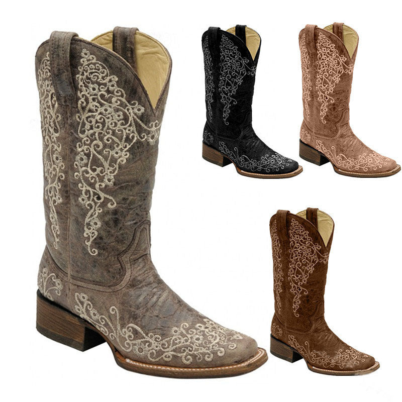 Sarah Express Embroidered Square Toe Mid-Calf Knight Boots