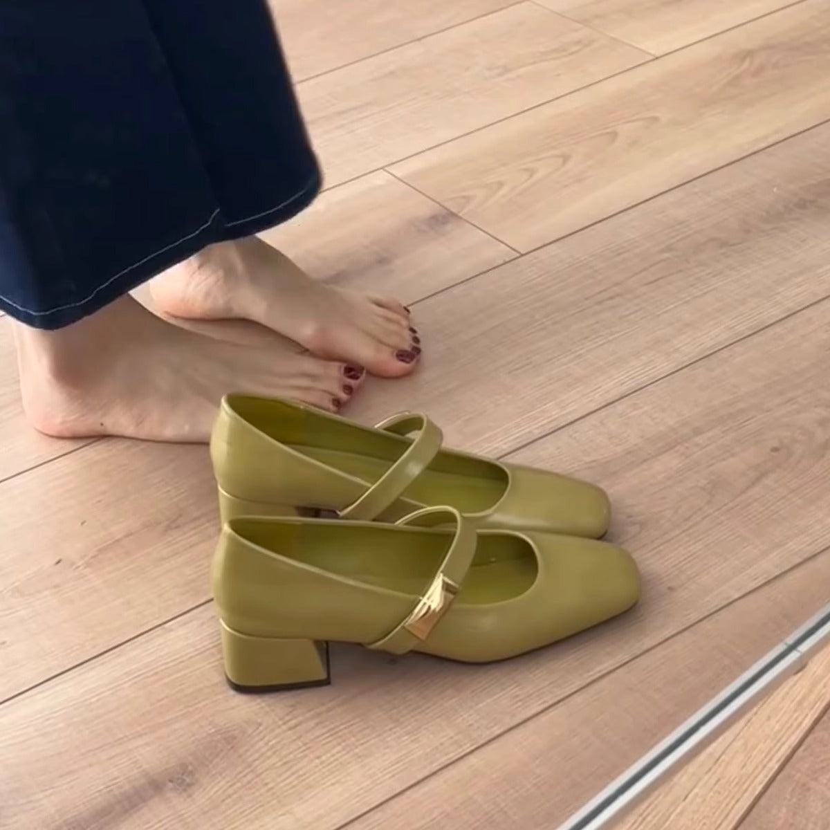 Sarah Express Square-Toe Mary Jane Chunky Heels Green