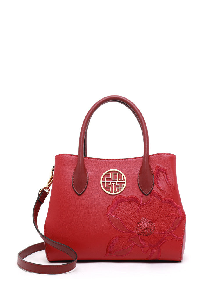 Sarah Express Embroidered Floral Structured Tote Bag Red