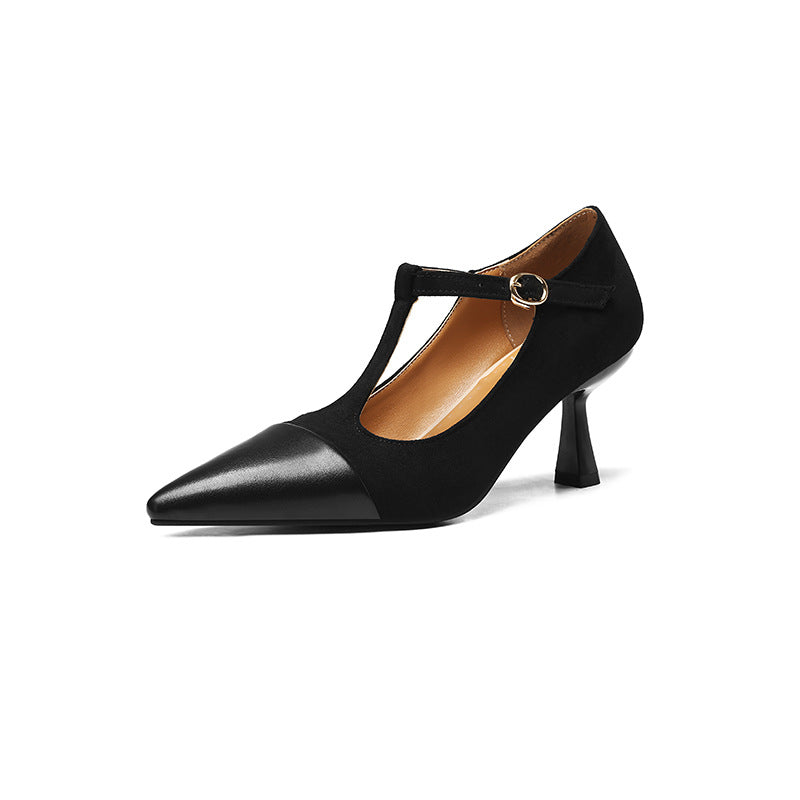 Sarah Express Elegant T-Strap Pointed Toe Stacked Heel Pumps Black