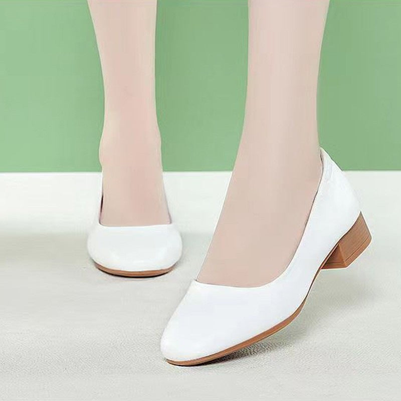 Sarah Express Square Toe Chunky Low Heel Pumps