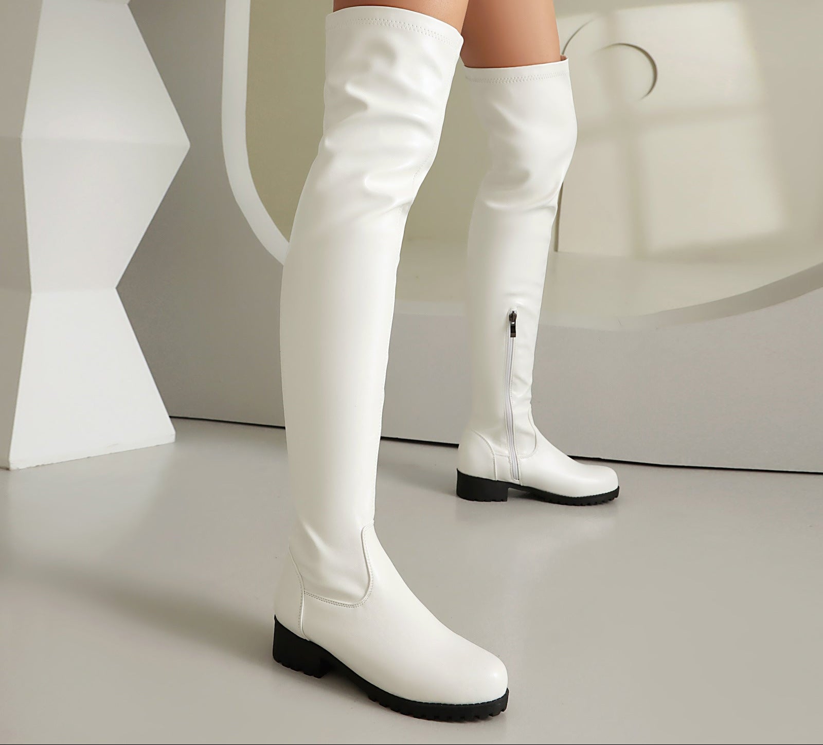 Sarah Express Stretchy Over-the-Knee Low Heel Boots White