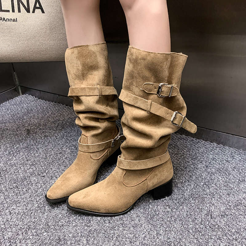 Sarah Express Suede Pointed Toe Chunky Heel Boots
