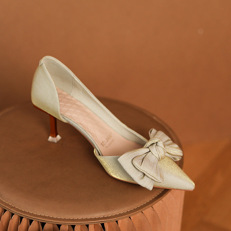 Sarah Express Bow Accent Pointed Toe Kitten Heels Apricot