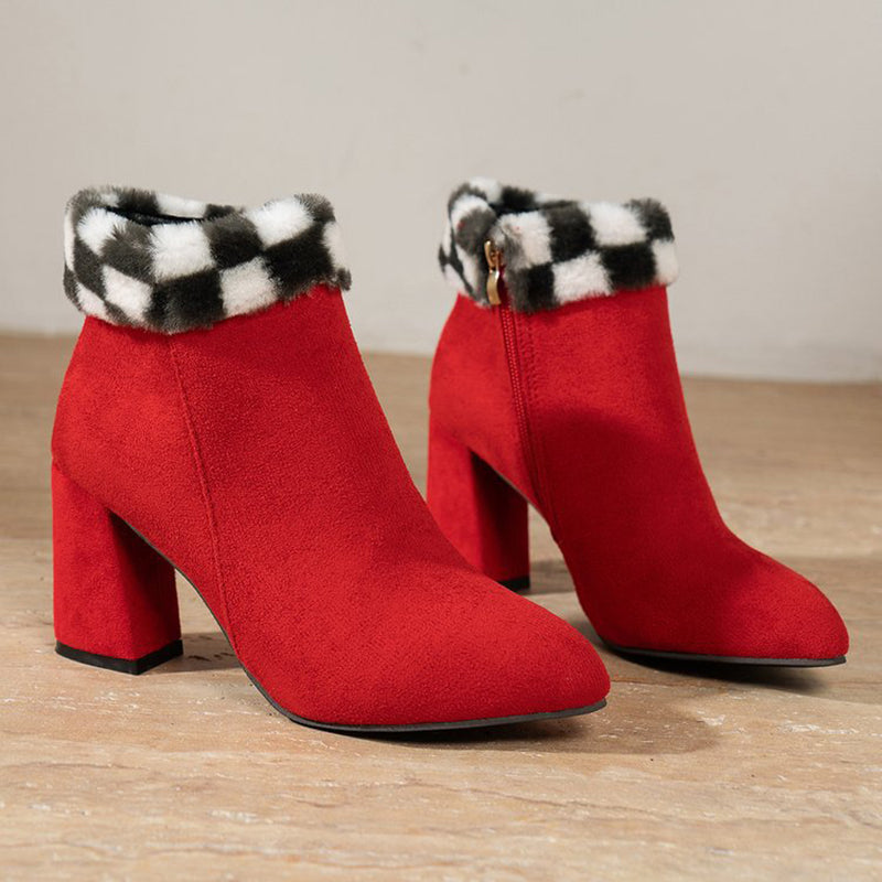 Sarah Express Women's Plaid Suede Square Heel Boots