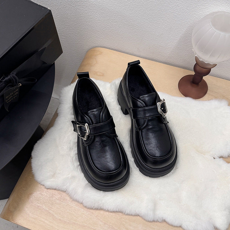 Sarah Express British Style Platform Buckle Loafers Black