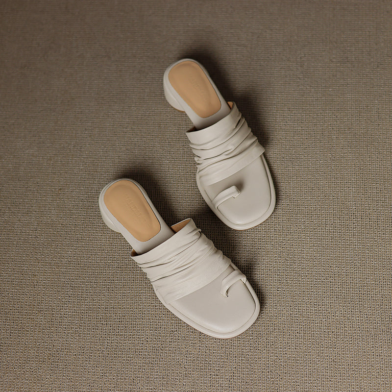Sarah Express Handmade Sheepskin Ruched Toe-Loop Slide Sandals