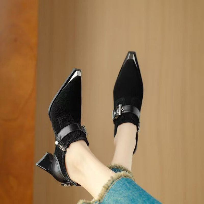 Sarah Express Metallic Square-Toe Chunky-Heel Pumps Black