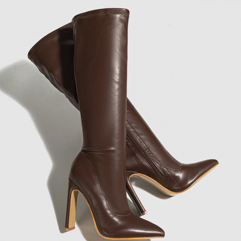 Sarah Express Pointed Toe Satin Mid-Calf Knight Boots