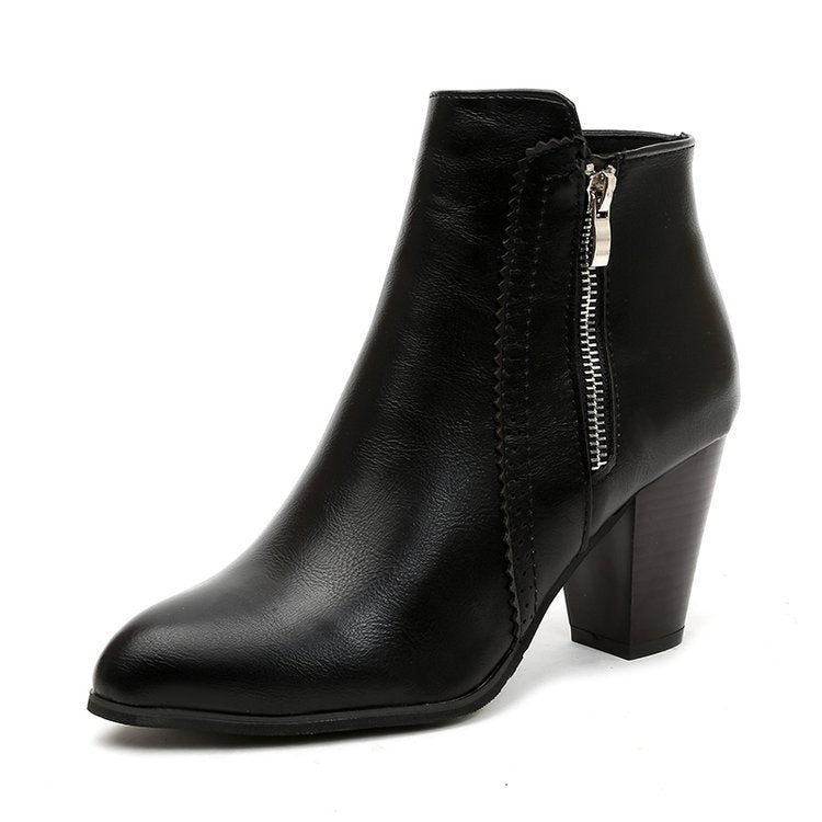 Sarah Express Retro Pointed Toe Chunky Heel Ankle Boots Black