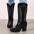 Sarah Express Embroidered Pointed Toe Mid Heel Boots Black