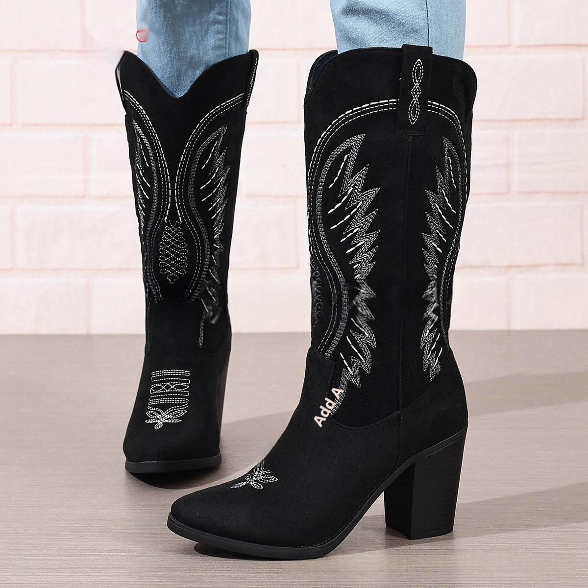Sarah Express Embroidered Pointed Toe Mid Heel Boots Black