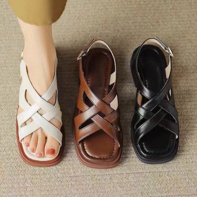 Sarah Express Patent Leather Square Toe Cross Strap Sandals