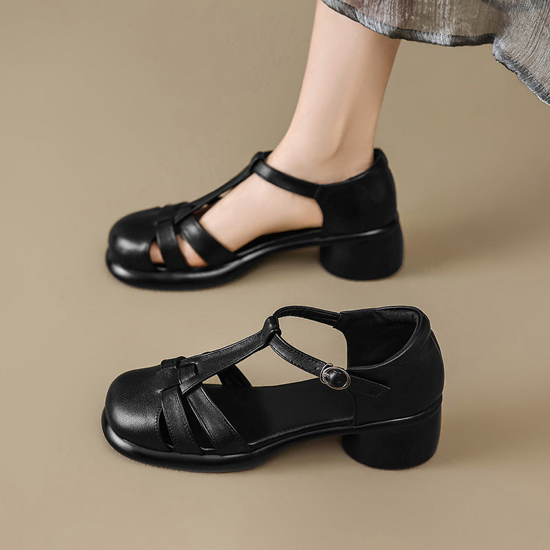 Sarah Express Women's Leather T-Strap Mid-Heel Dress Shoes