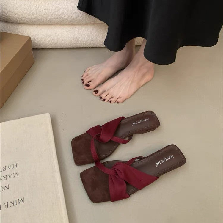 Women French Unique Design Block Heel Slide Sandals, 2026 New Summer Square Toe Open Toe Mid Heel Outdoor Slippers – product detail