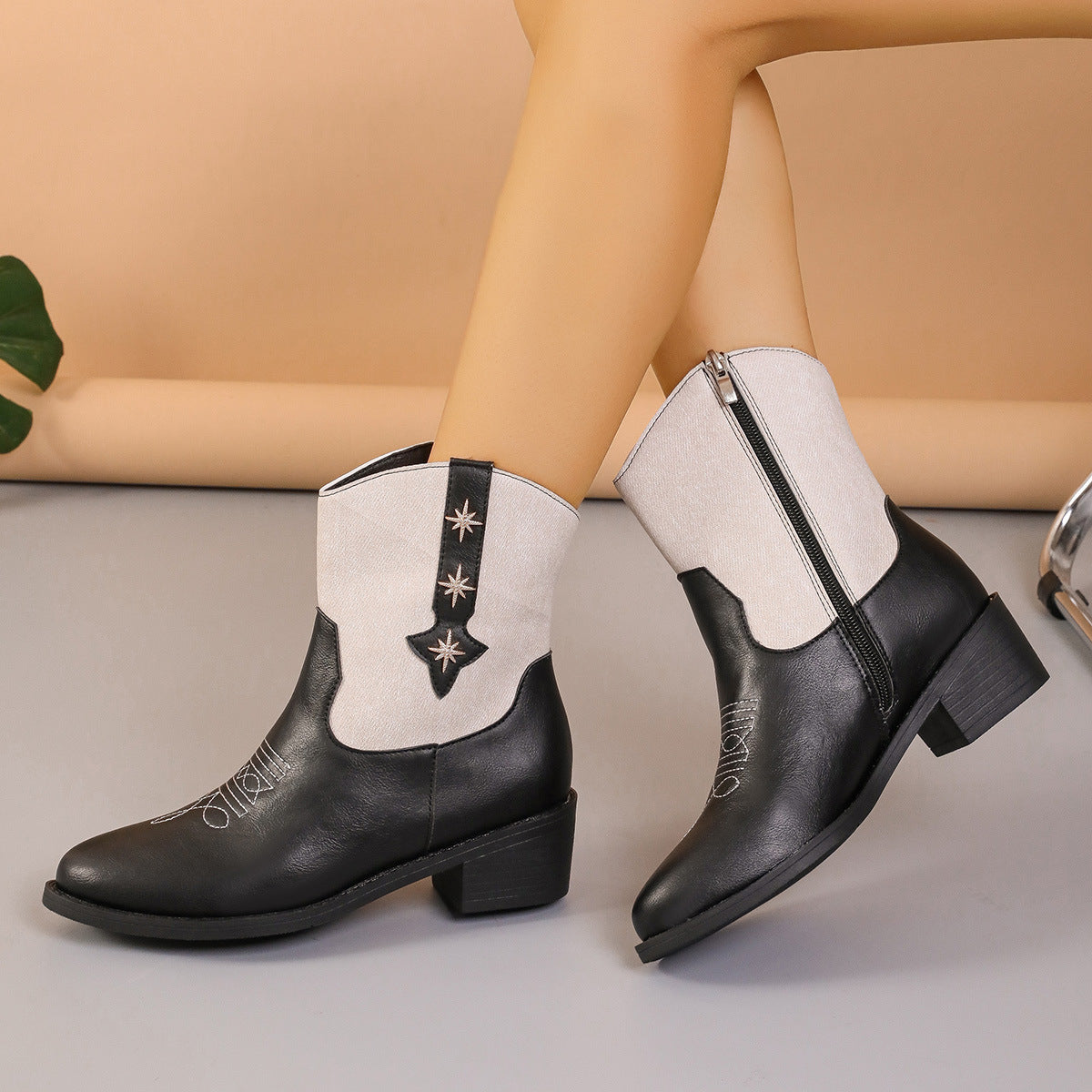 Sarah Express Denim Patchwork Western Pointed Toe Boots