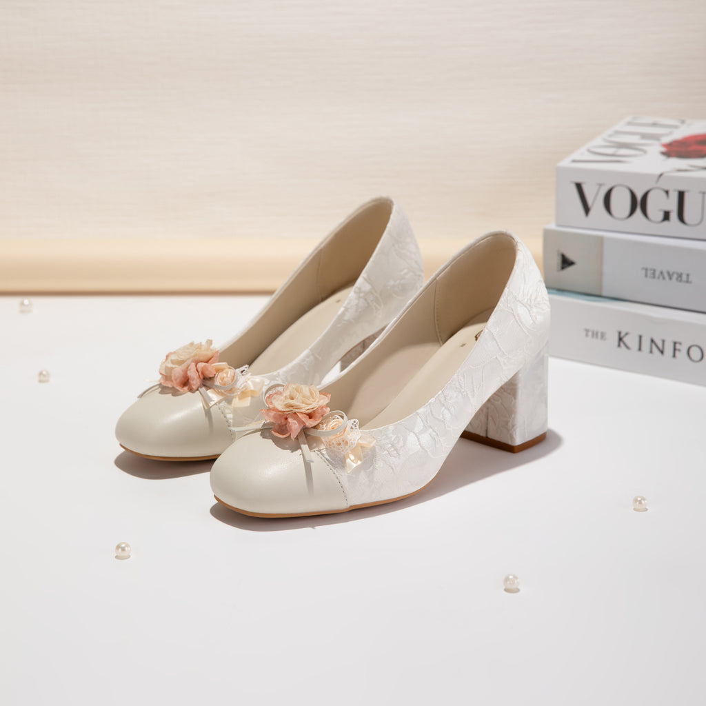 Sarah Express Floral Jacquard Square Toe Block Heels White