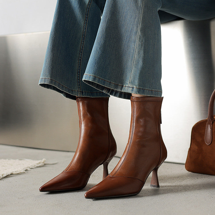 Sarah Express Cowhide Leather Stiletto Ankle Boots Brown Single Liner