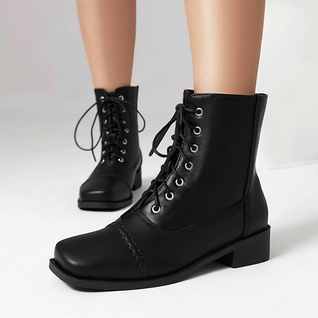 Sarah Express Women's Lace-Up Square-Toe Motorcycle Boots