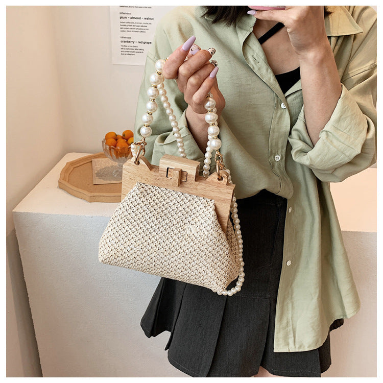 Sarah Express Woven Straw Shoulder Bag with Pearl Chain