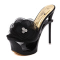 Sarah Express Diamond Embellished Chiffon Floral Open Toe Heels Black