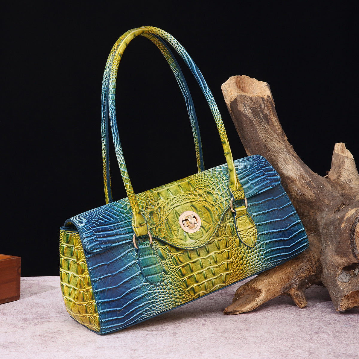 Sarah Express Crocodile Embossed Shoulder Tote Bag Blue And Yellow