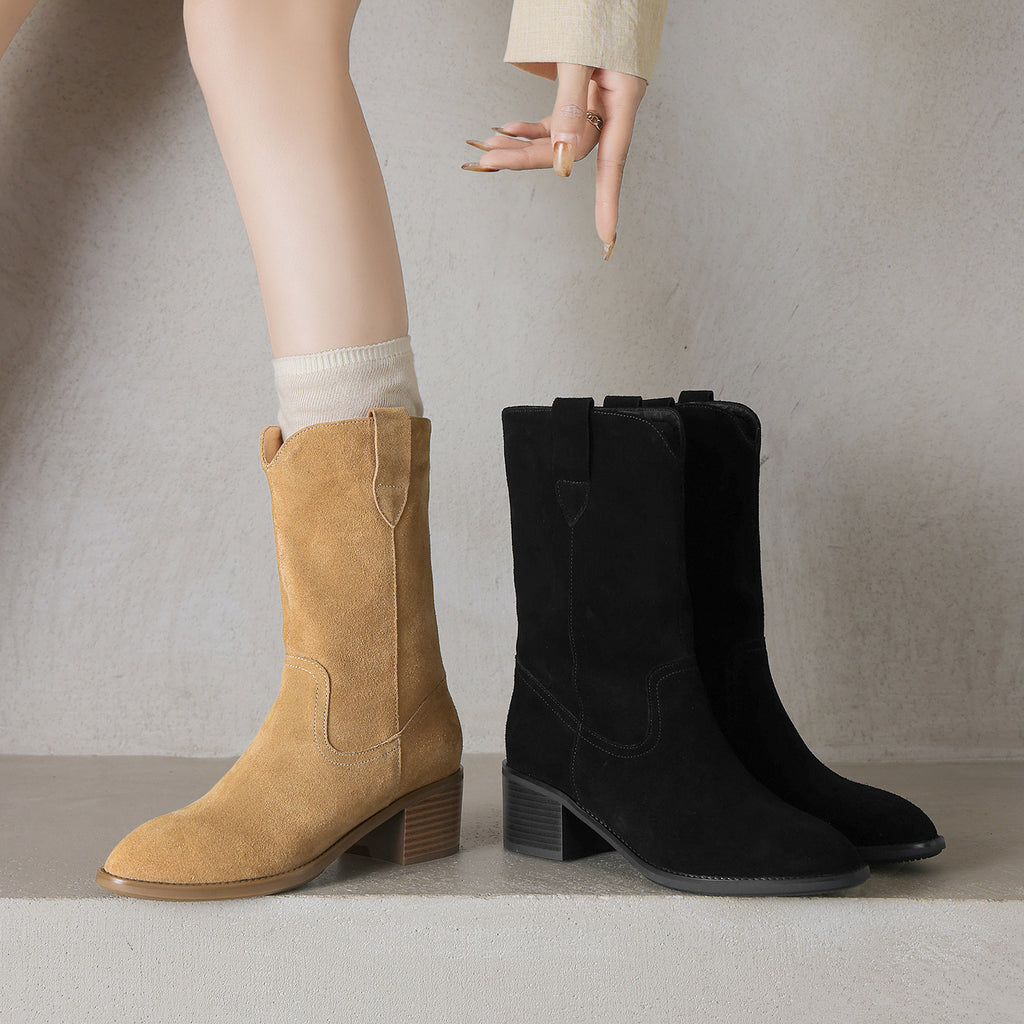 Sarah Express Genuine Cowhide Chunky Heel Mid-Calf Boots