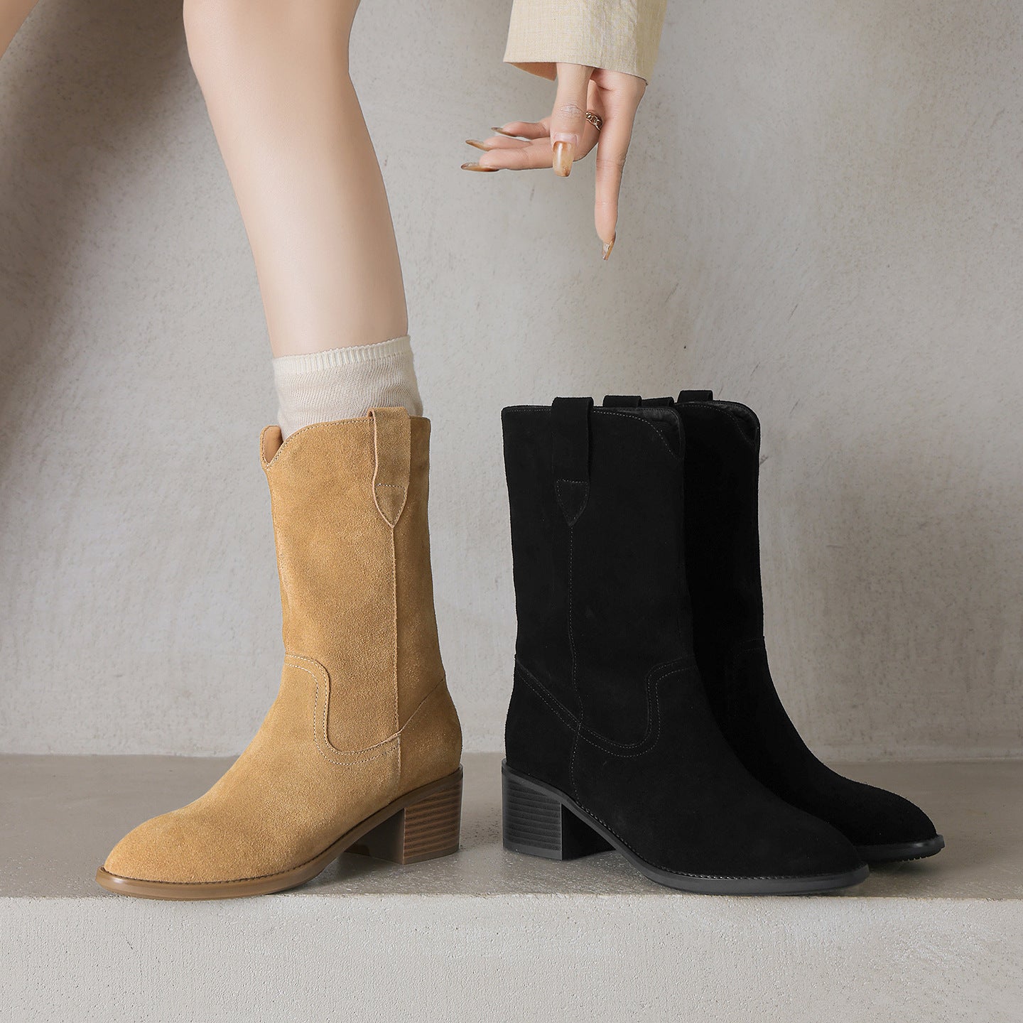 Sarah Express Genuine Cowhide Chunky Heel Mid-Calf Boots