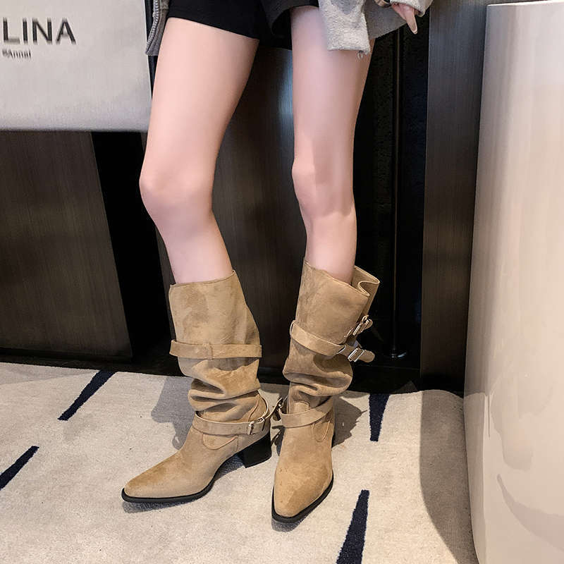 Sarah Express Suede Pointed Toe Chunky Heel Boots