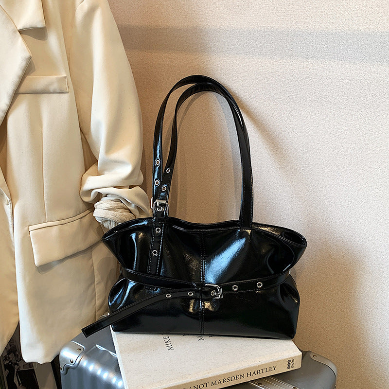 Sarah Express Oil-Waxed PU Leather Bucket Bag Black