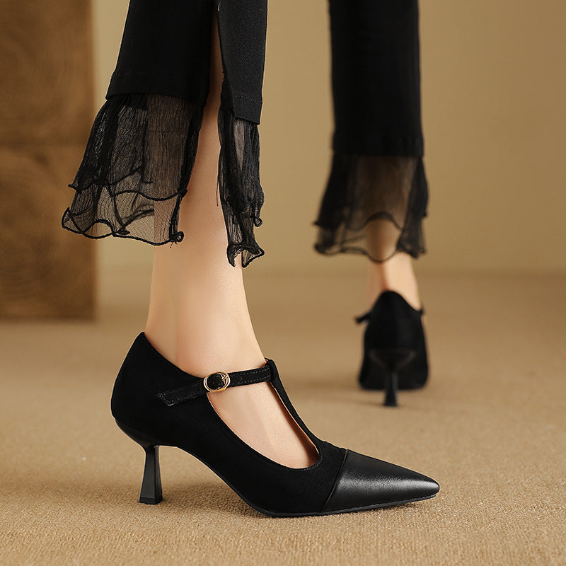Sarah Express Elegant T-Strap Pointed Toe Stacked Heel Pumps