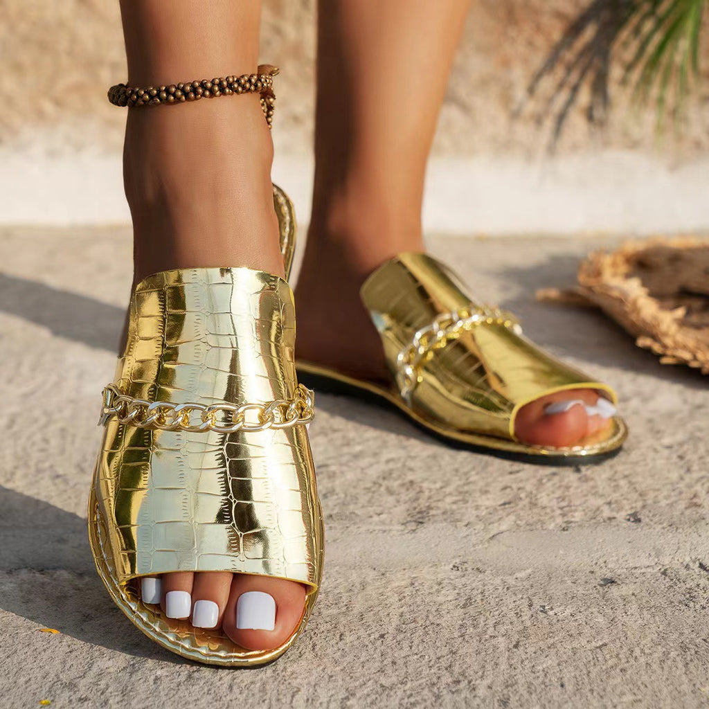 Sarah Express Women's Chain Pattern Flat Slides Gold