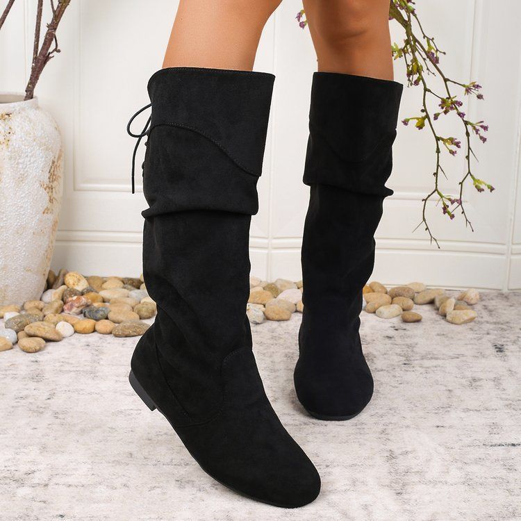Sarah Express Pleated PU Leather Mid-Calf Chunky Heel Boots