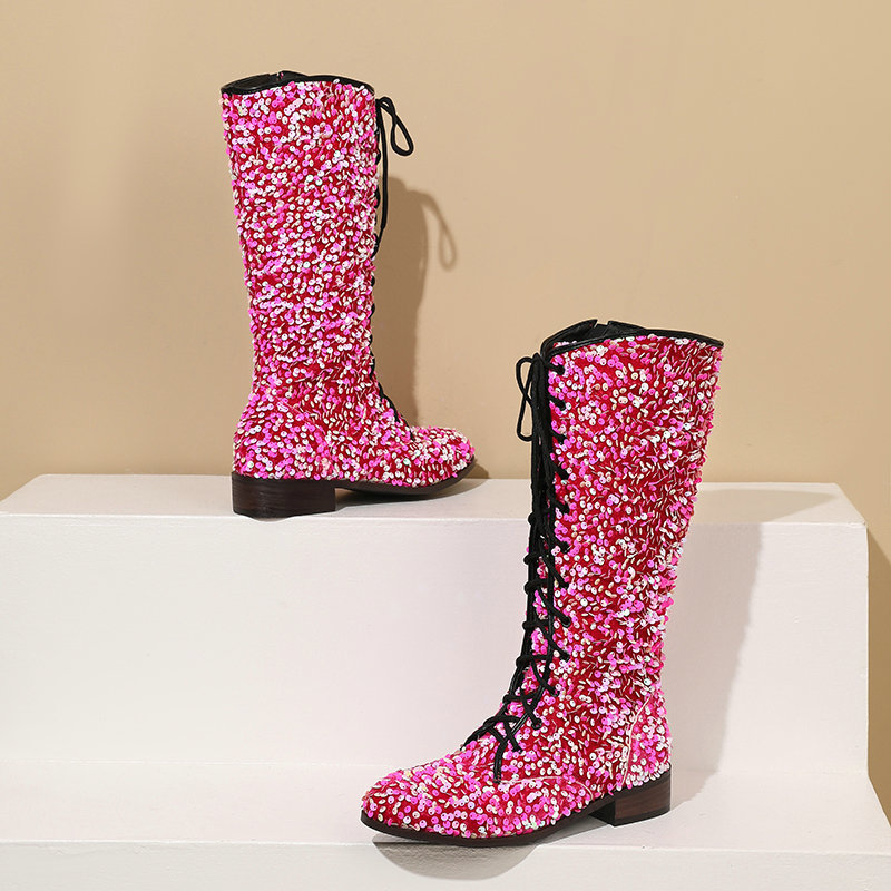 Sarah Express Glitter Sequin Over-the-Knee Lace-Up Boots