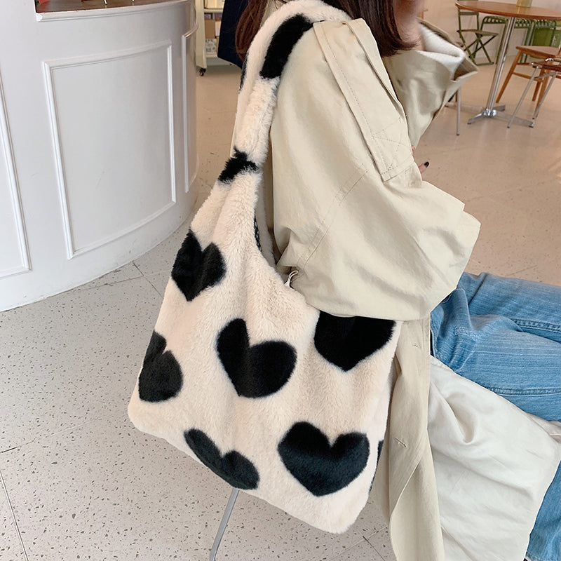 Sarah Express Plush Heart Pattern Reversible Shoulder Bag