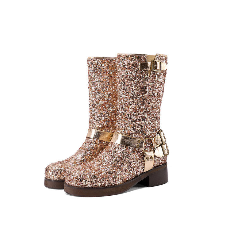 Sarah Express Sequin Buckle Mid-Calf Chunky Heel Boots