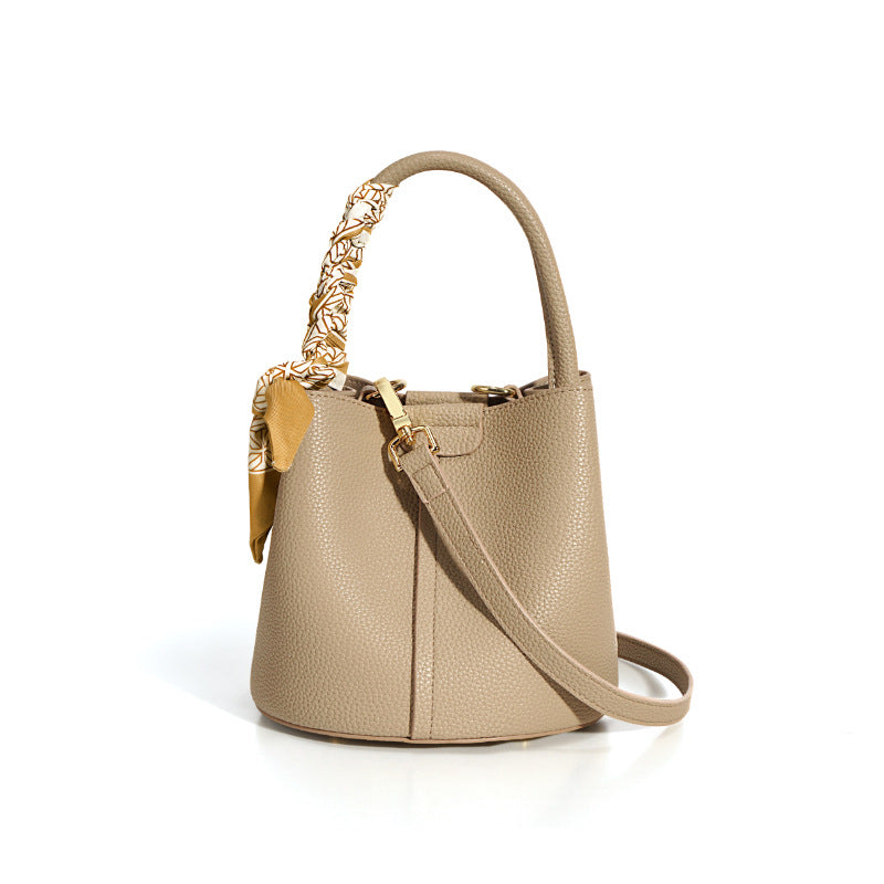 Sarah Express Textured Leather Bucket Bag with Scarf Gray