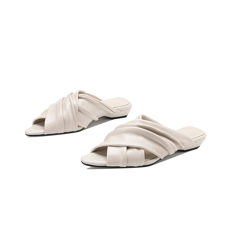 Sarah Express Ruched Lambskin Square Toe Slide Sandals