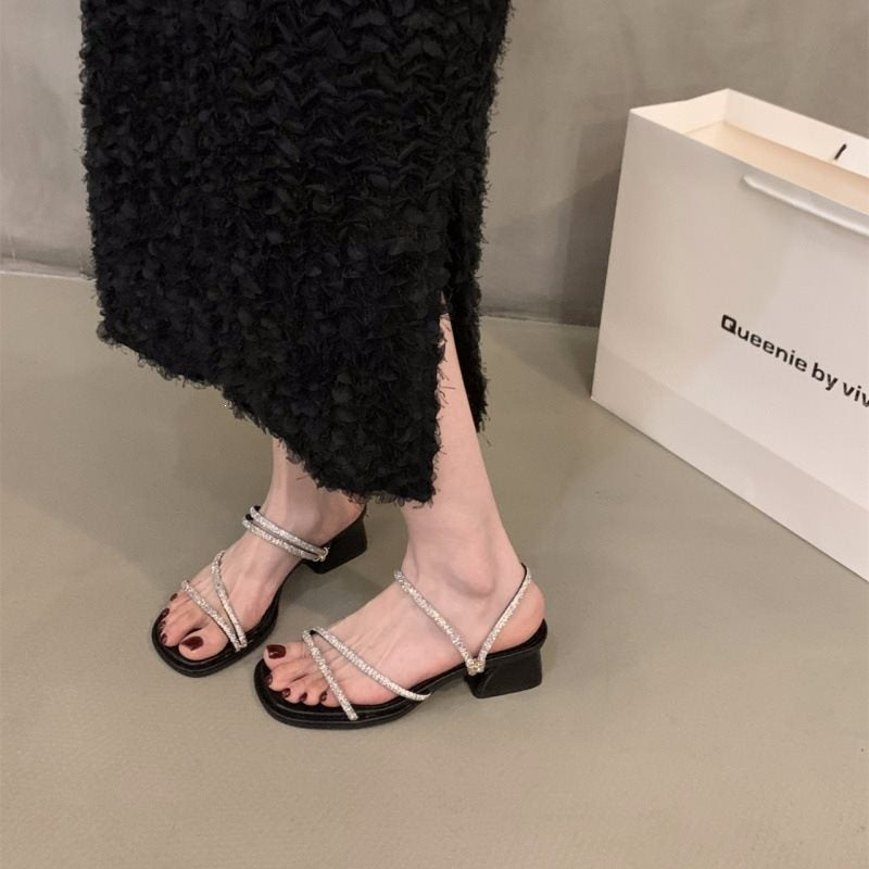 Sarah Express Rhinestone Strappy Square Toe Mid-Heel Sandals
